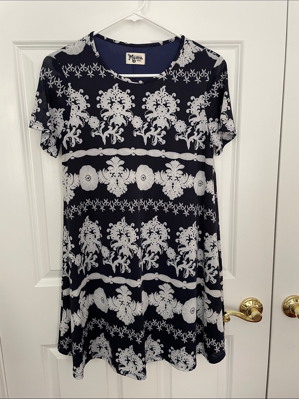 Show Me Your MuMu Navy & White Mini Dress with Floral Medallion Print